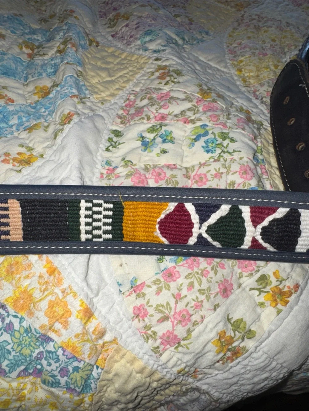 VTG Colorful Guatemalan Hand Woven & Leather Boho Belt 40-43”